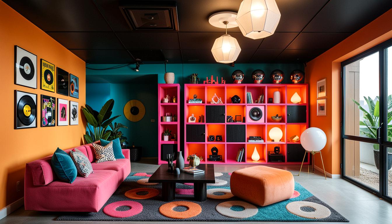 "Reveal the bold and colorful 80's art vibe in your room design using iconic pop culture posters, vibrant color schemes, textured patterns and AI technology for optimal visualisation and planning."